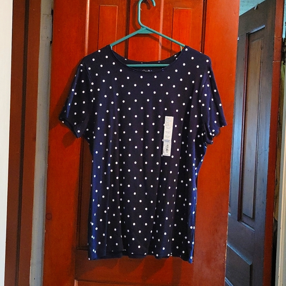 Croft & Barrow Short-Sleeve Crewneck Blue and White Polka Dot T-shirt in Size L